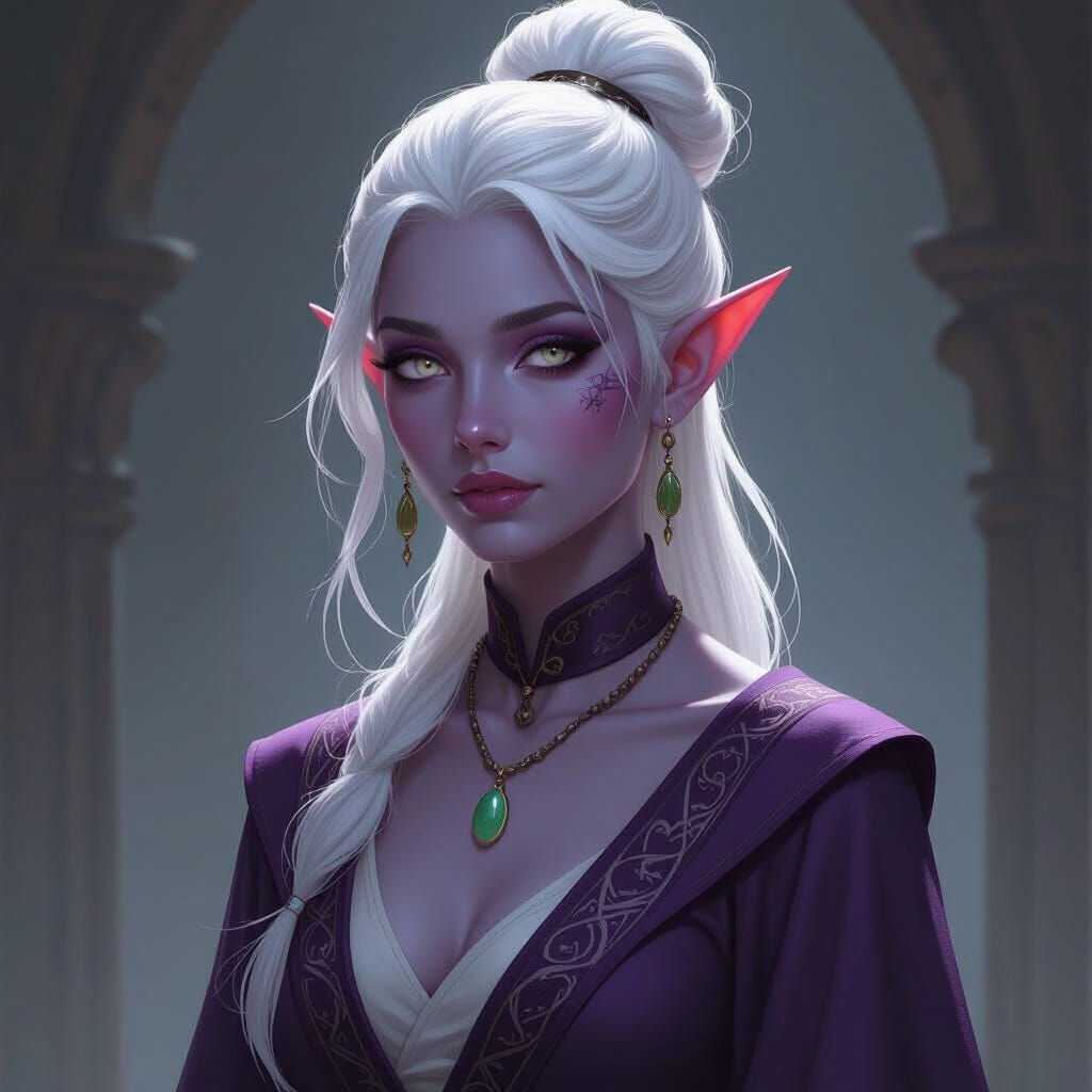 Serene Drow Priestess in Purple Religious Dress