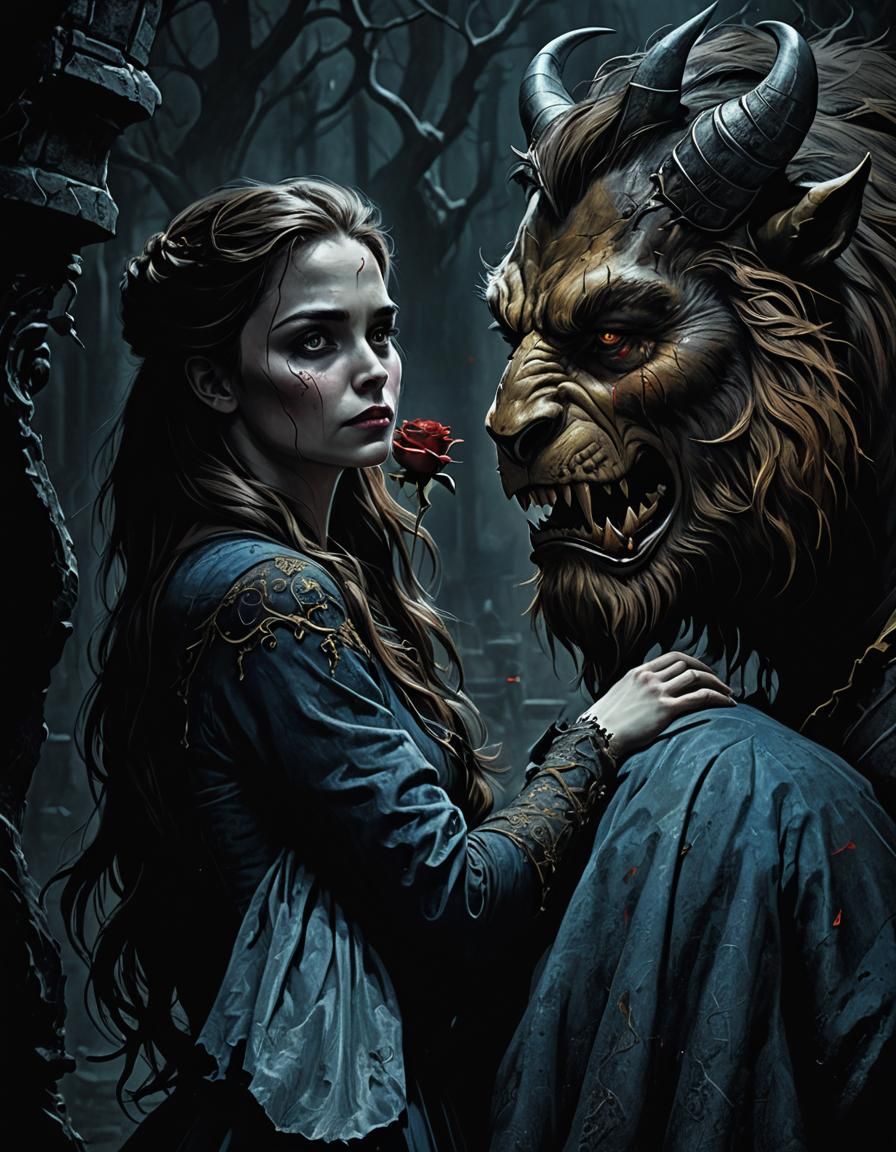 Beauty and the Beast in Dark Art Style