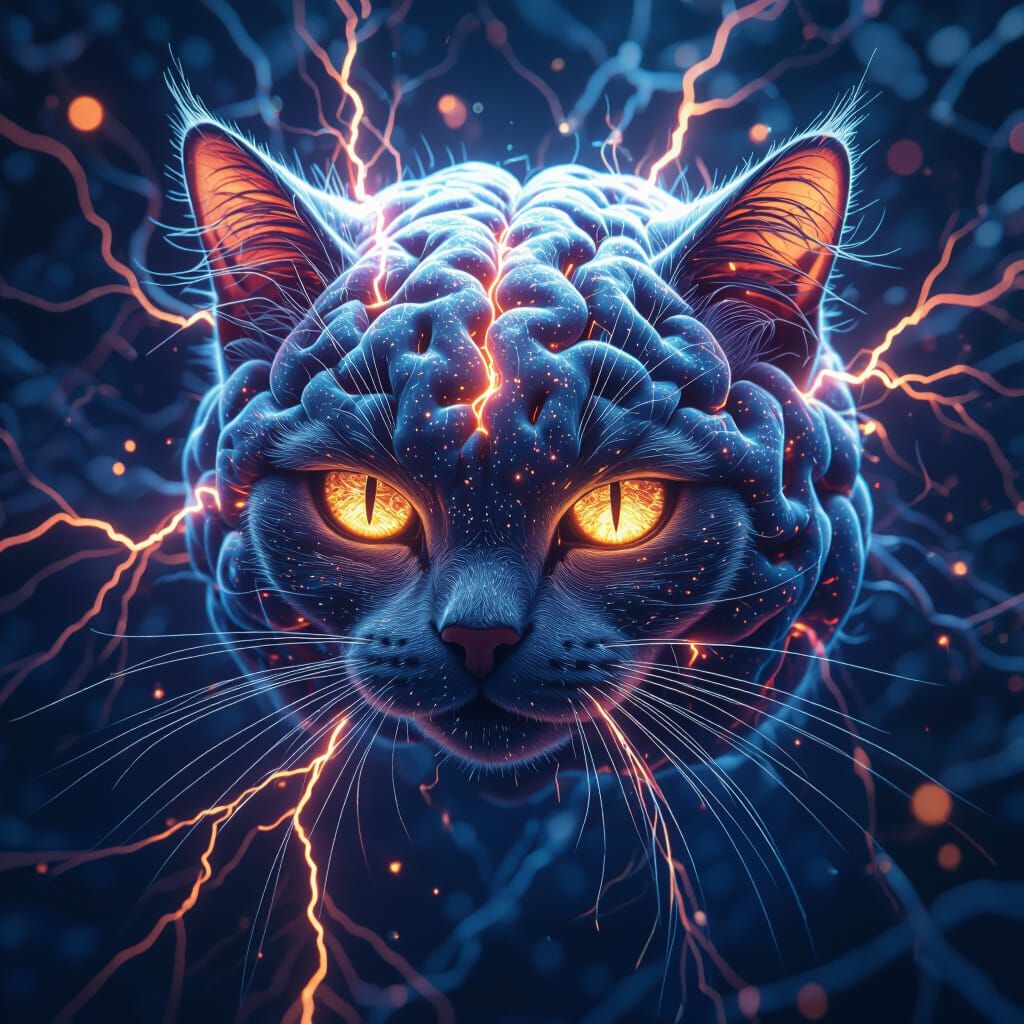 Intricate Cat Brain with Lightning, Matte Painting