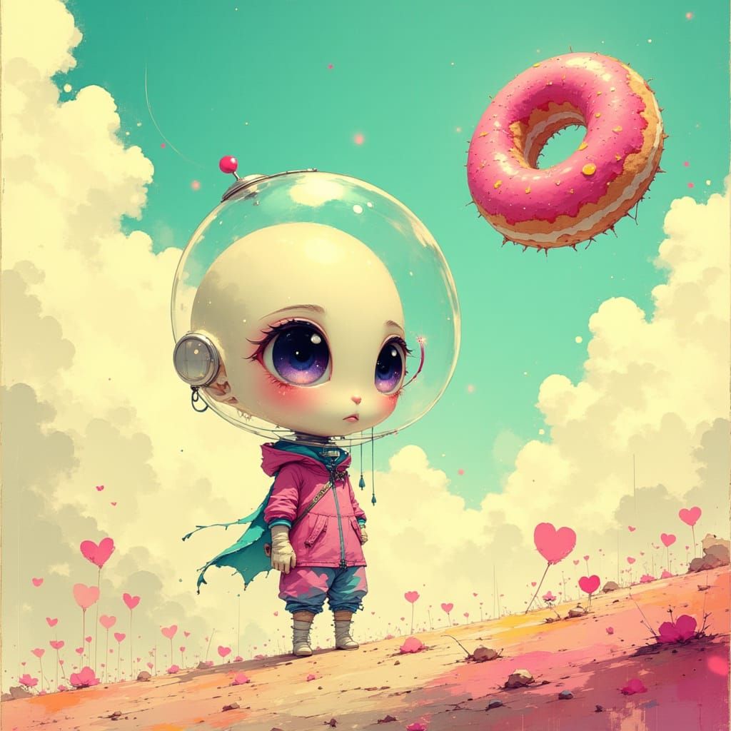 <lora:Akimora:1.0> Chibi big eyed beautiful alien creature scanning the sky for a donut