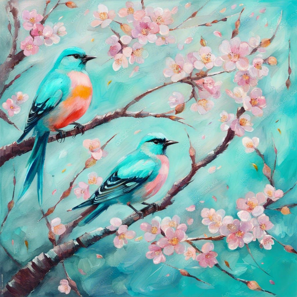 Birds in a cherry blossom tree painting