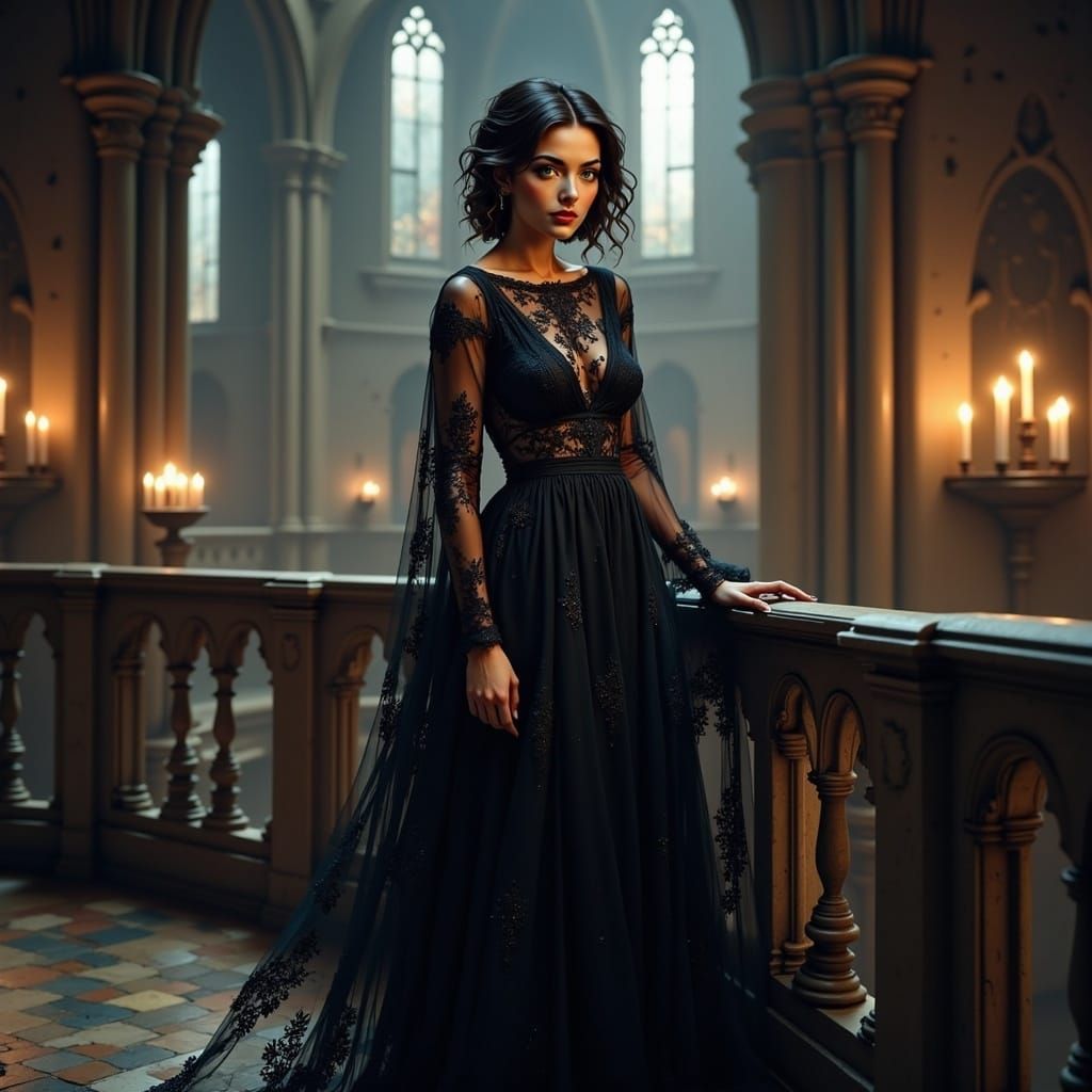 Woman in Gothic Cathedral with Elegant Black Lace Gown