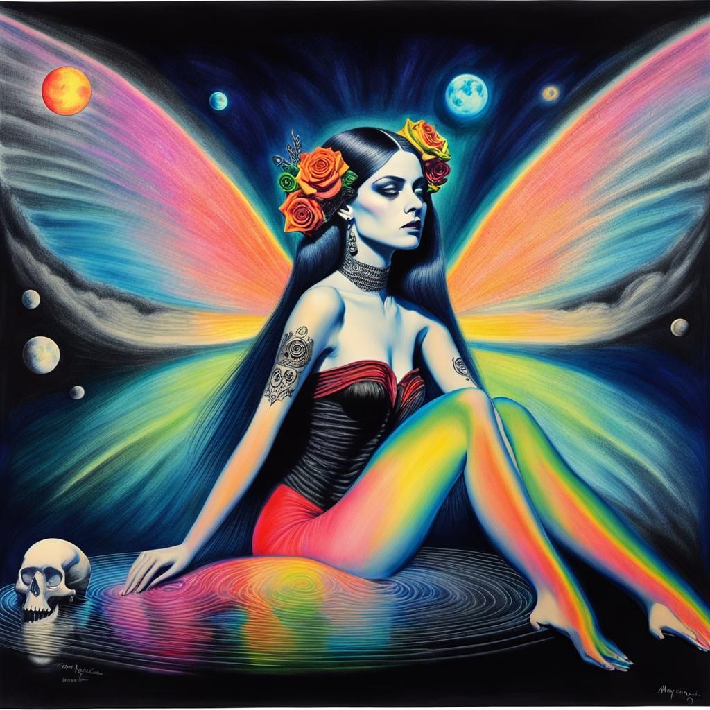 Surreal Crayon Drawing of Goth Woman in Darkness