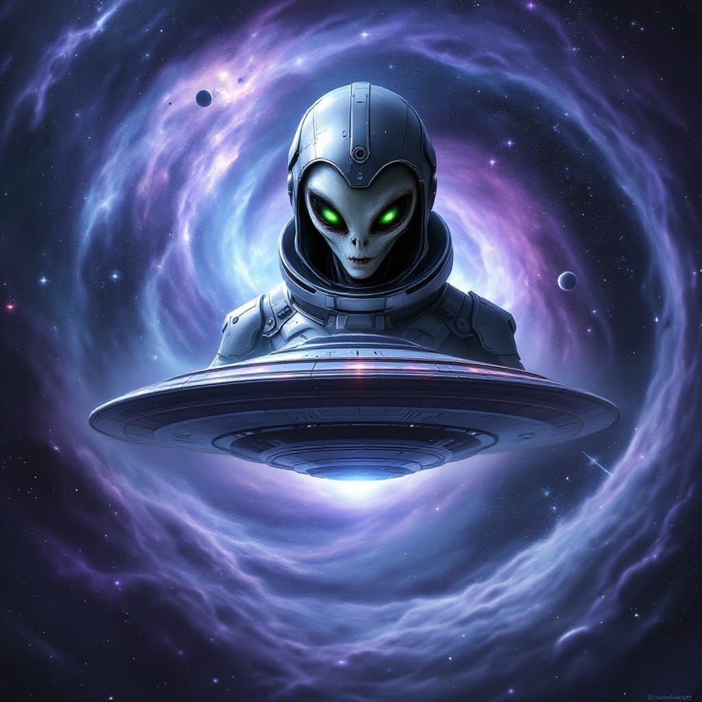Alien in Futuristic Spacesuit Amidst Cosmic Vortex