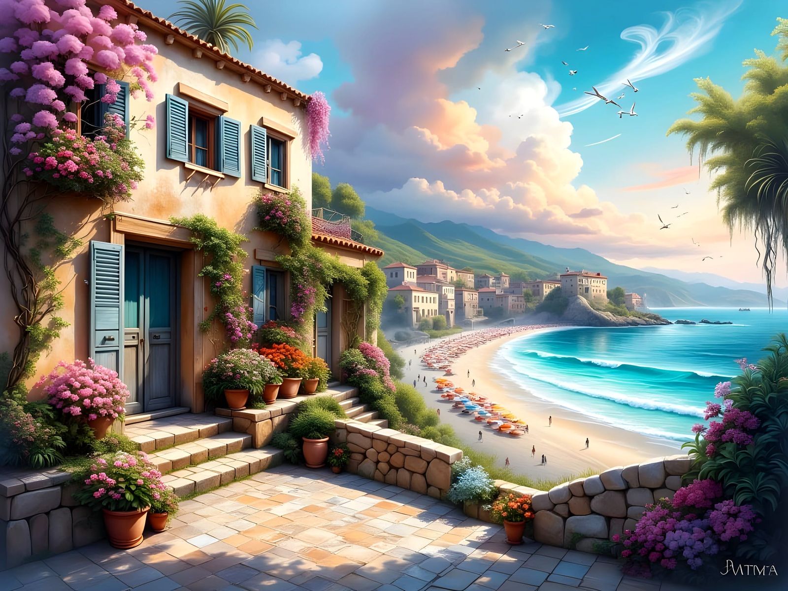 Ethereal Mediterranean Village by the Sea