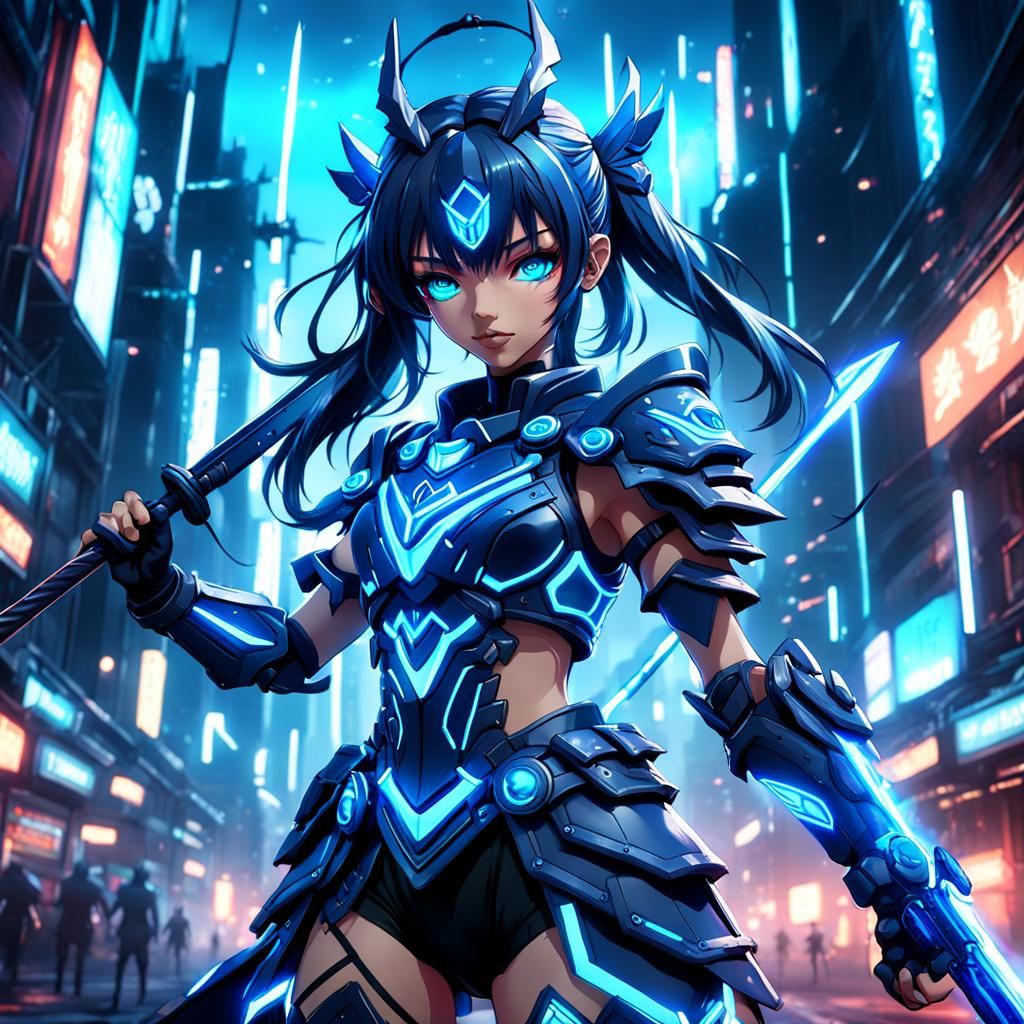 Anime Neon Warrior Girl in Detailed Matte Painting