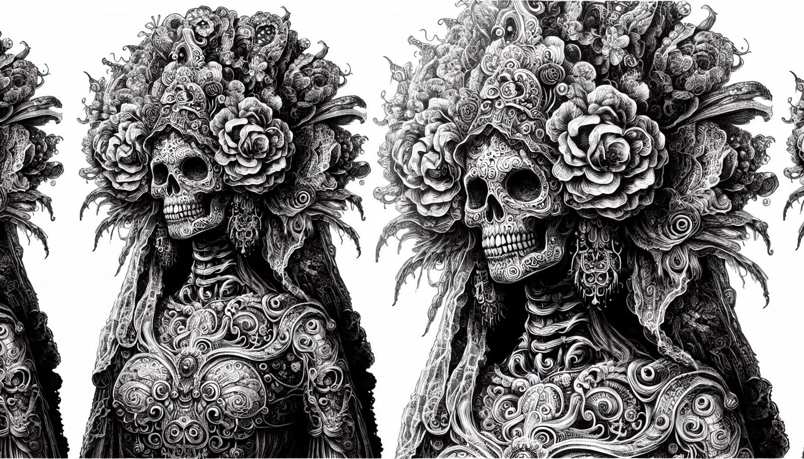 Intricate Ink Drawing of La Catrina with Volumetric Lighting