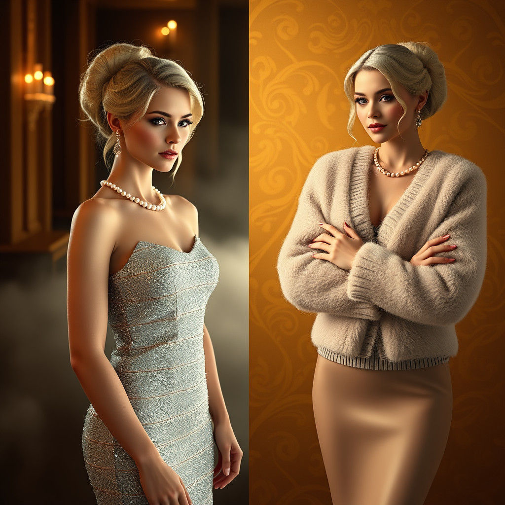 Elegant Woman in Split Screen: Glitter and Angora