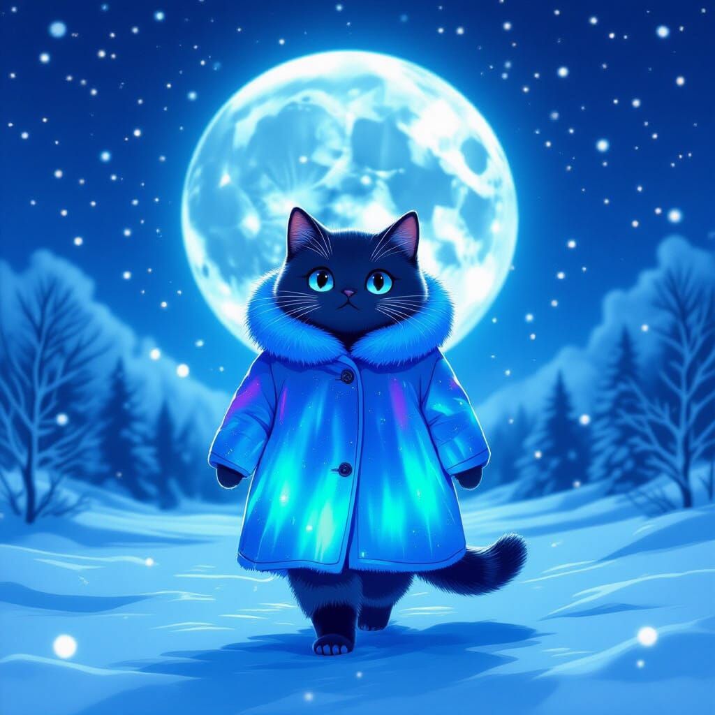 Pusheen Cat Under Aurora Moon in Ethereal Winter