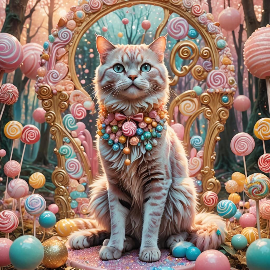 Candy Cat on Lollipop Throne in Fantasy Forest