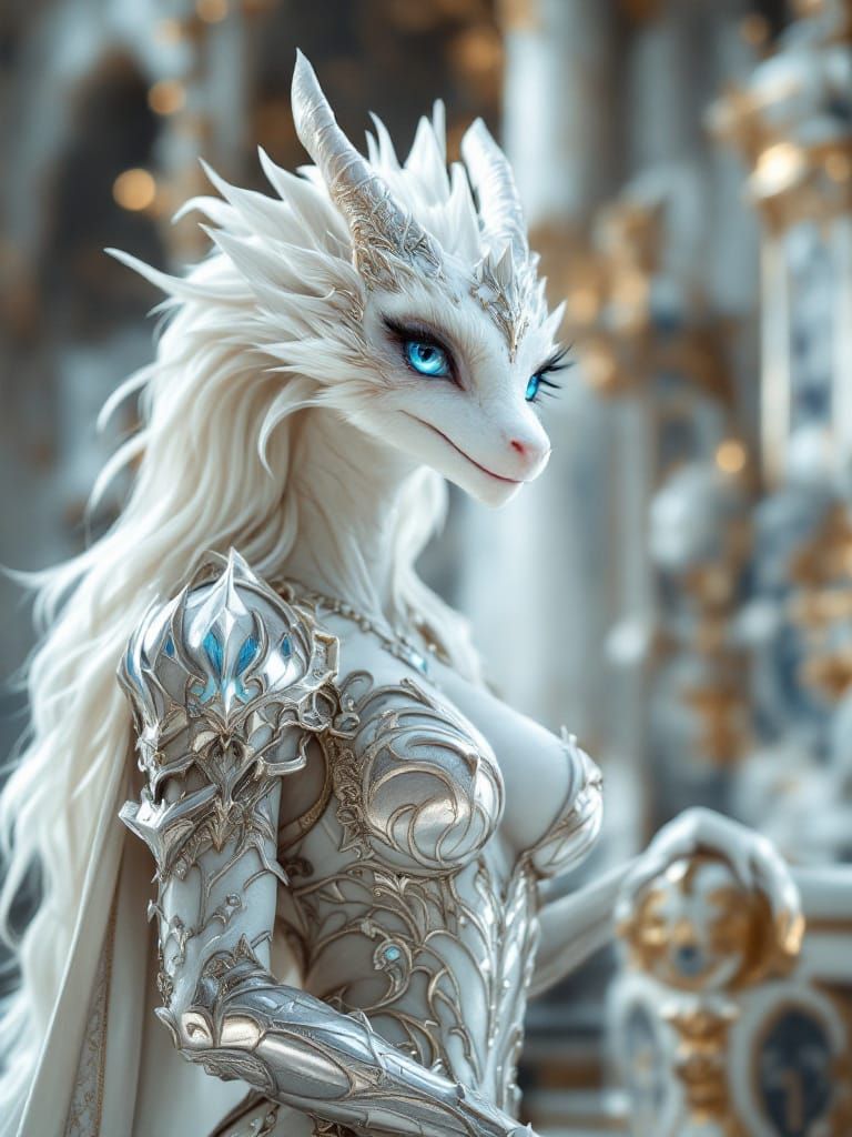 Beautiful anthropomorphic bipedal white female dragon with a...