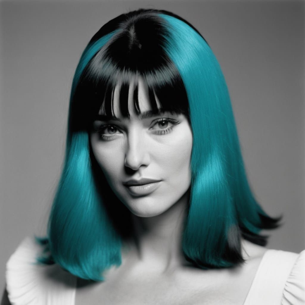 Monica Bellucci Portrait in Turquoise Wig, Polaroid Style