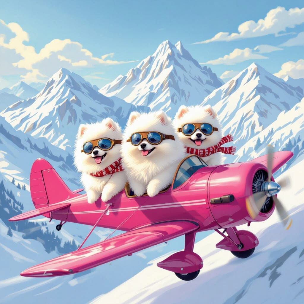 Pomeranian Pilots Fly Pink Biplane Over Snowy Mountains
