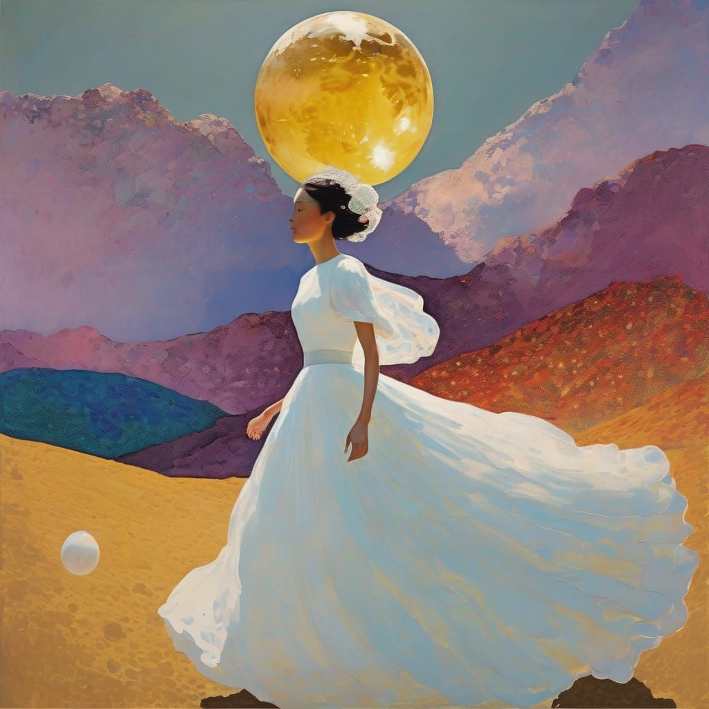 Surreal Bride Runs Through Moonscape with Iridescent Ball