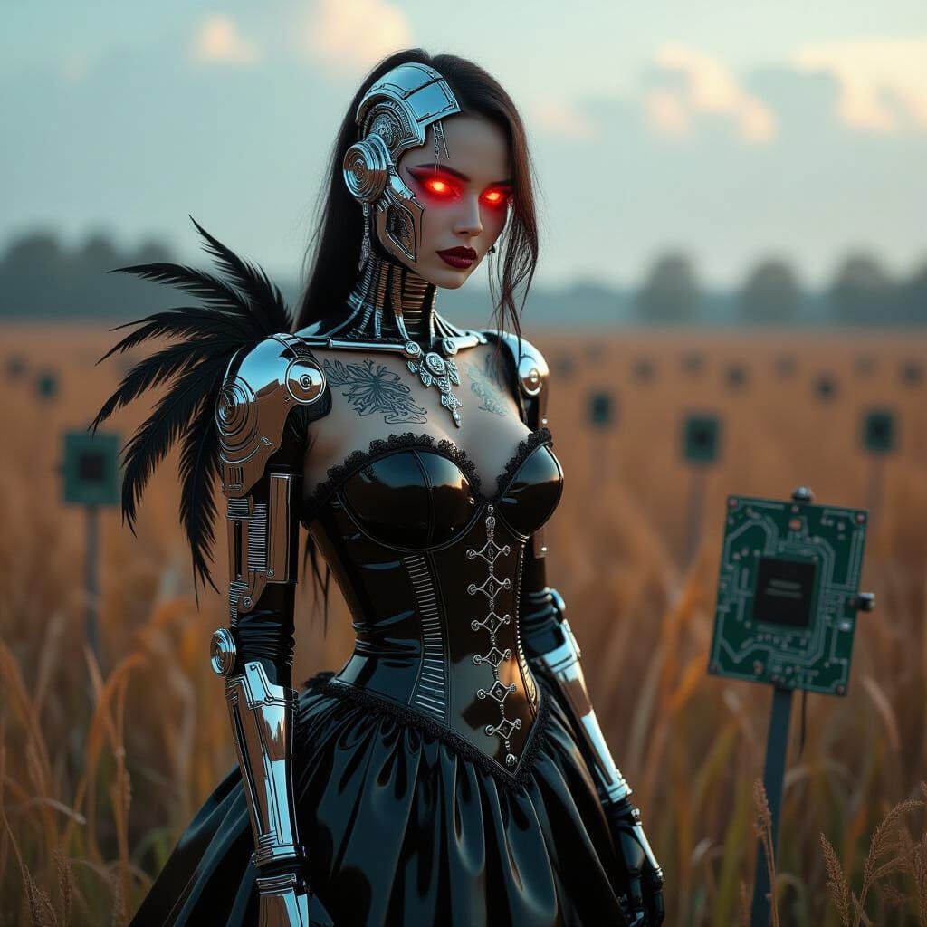 Gothic Cyborg in Withered Field, Hyperrealistic Art