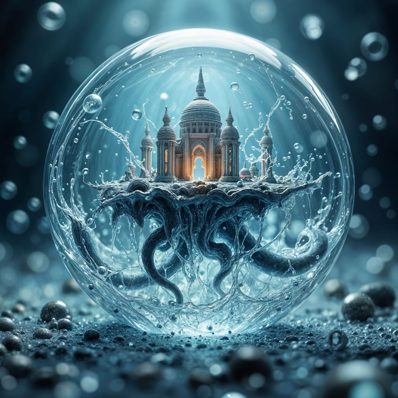 Alien Temple in Water Sphere, Surreal Fantasy Art
