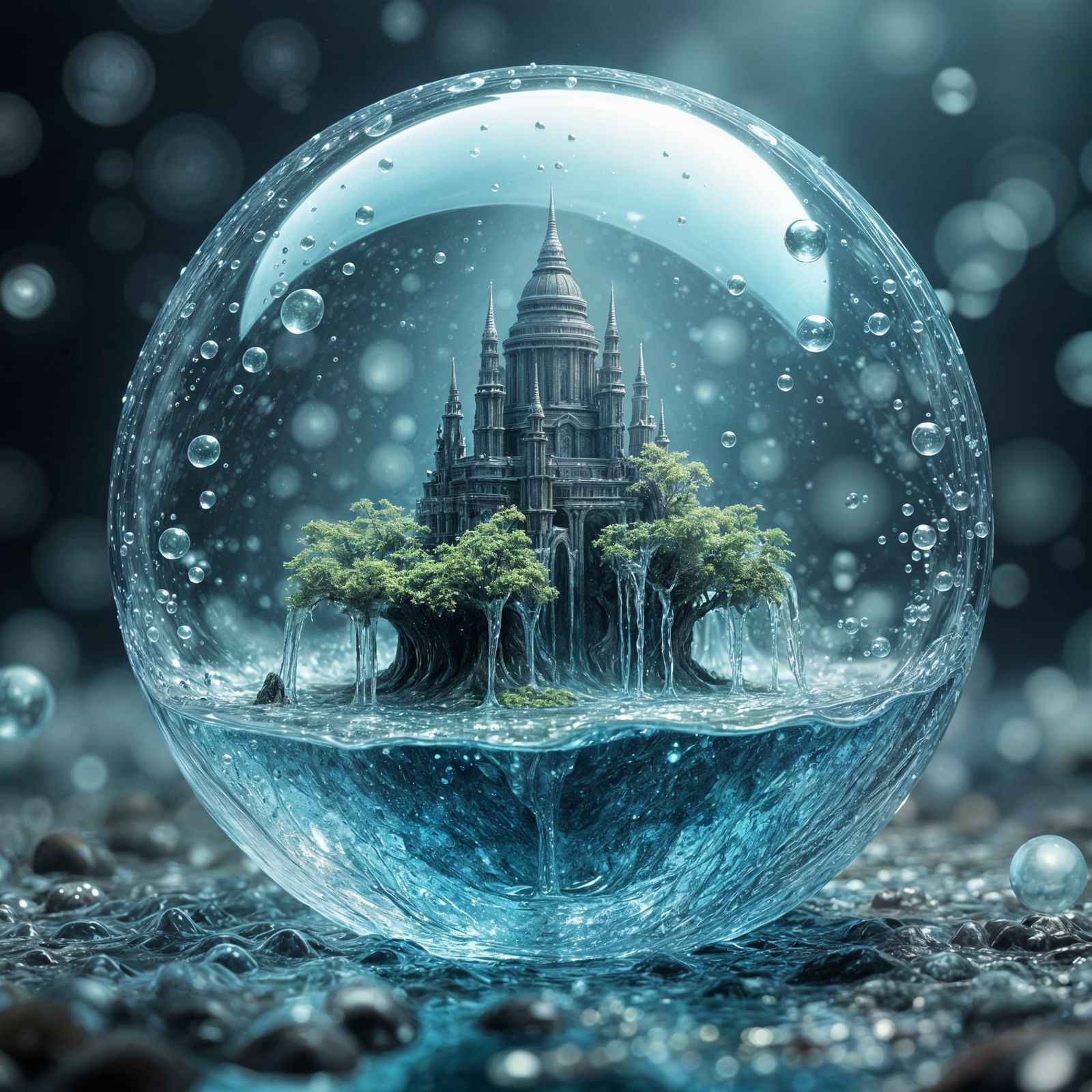 Alien Temple in Water Sphere, Surreal Fantasy Art