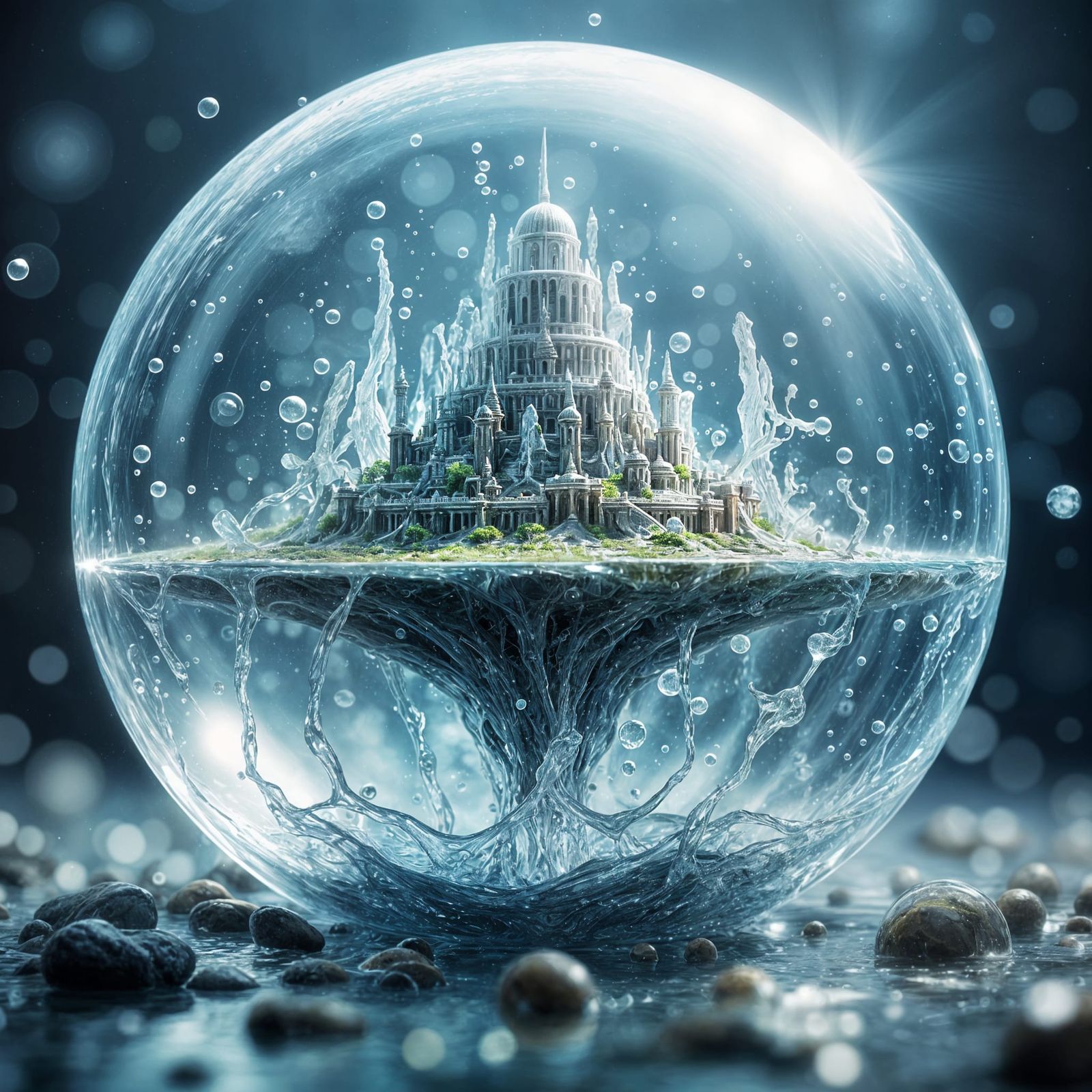 Alien Temple in Water Sphere with Flying Monsters