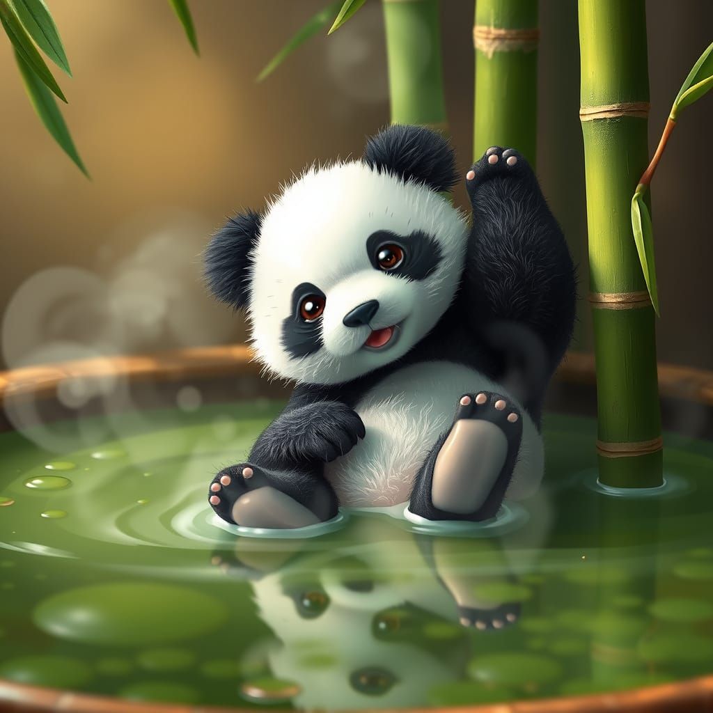 Baby Panda Slides into Green Tea: Cel-Shaded Style