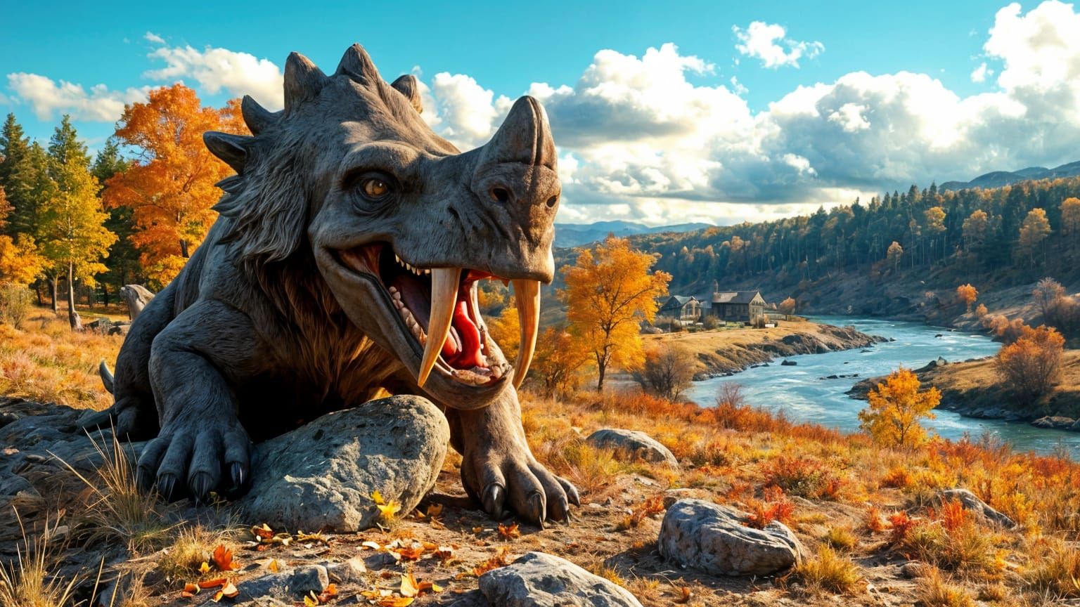 Smilodon in Autumn Mountain Landscape as Oil Painting