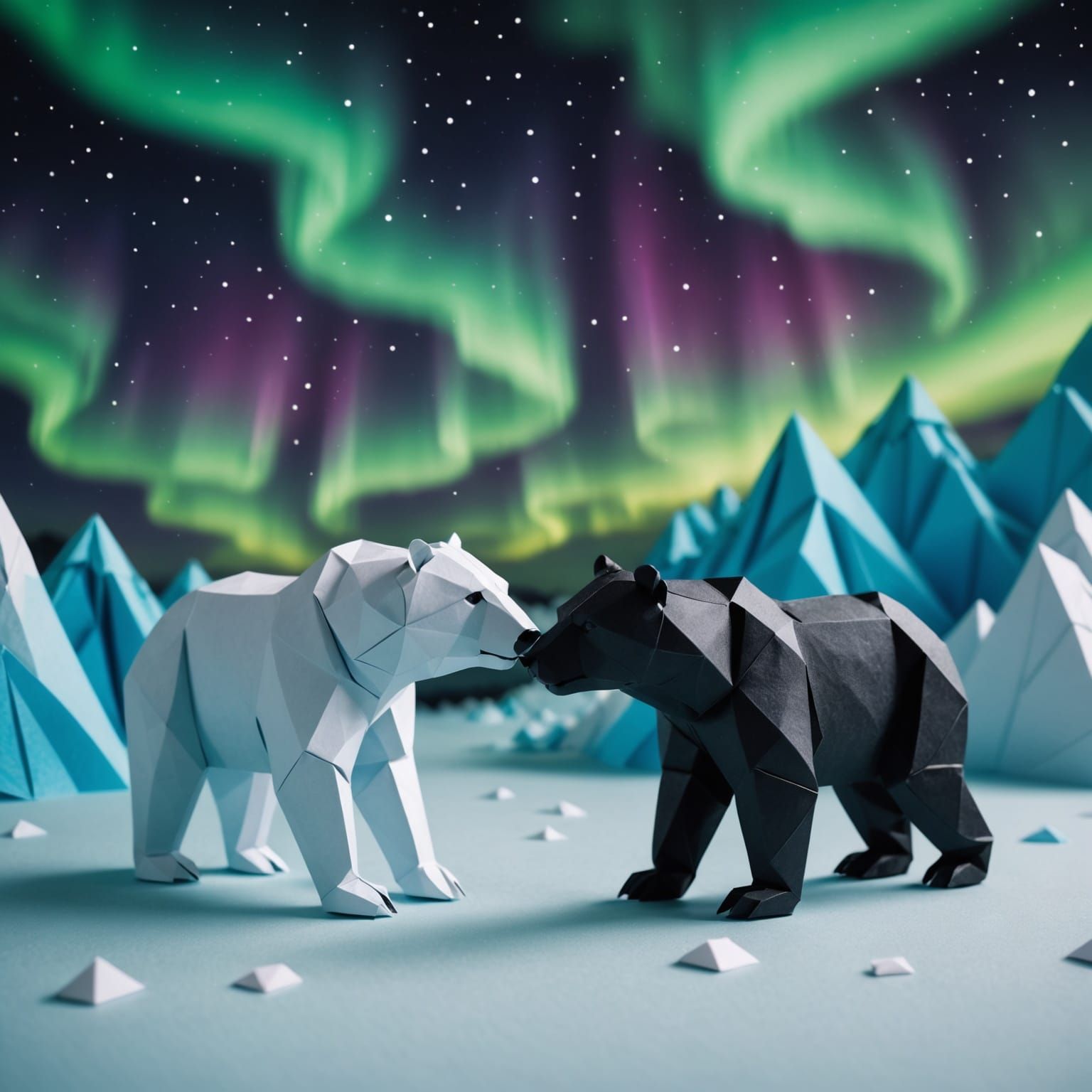 Origami Bears Face Off Under Northern Lights