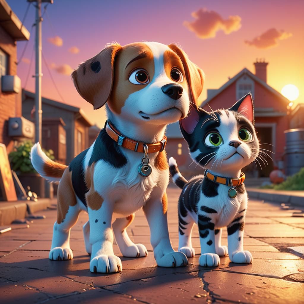 Chrome Puppy and Cat Sunset: Pixar Concept Art