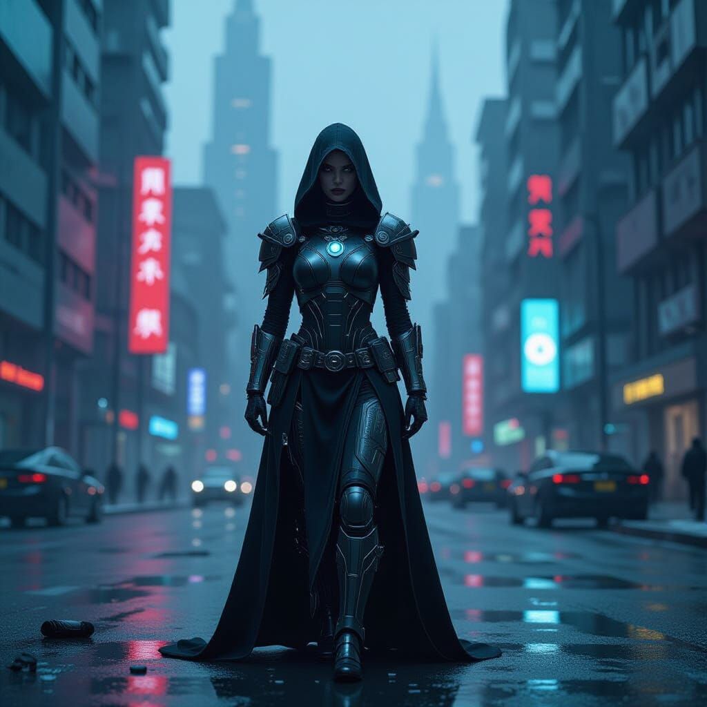 Cyberpunk Priestess in Dystopian Cityscape