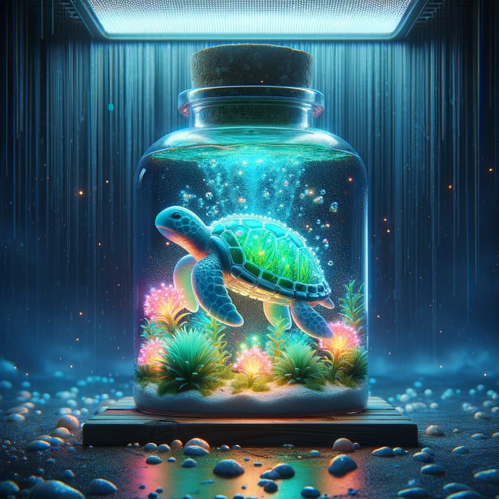 Bioluminescent Turtle Sculpture in Glass Bottle
