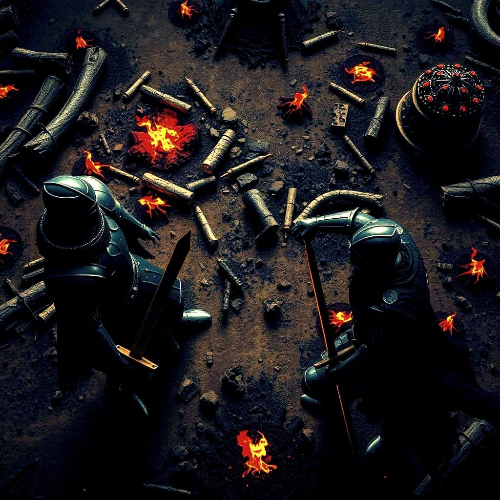 Epic Battle of Medieval Warriors in a Fiery Landscape