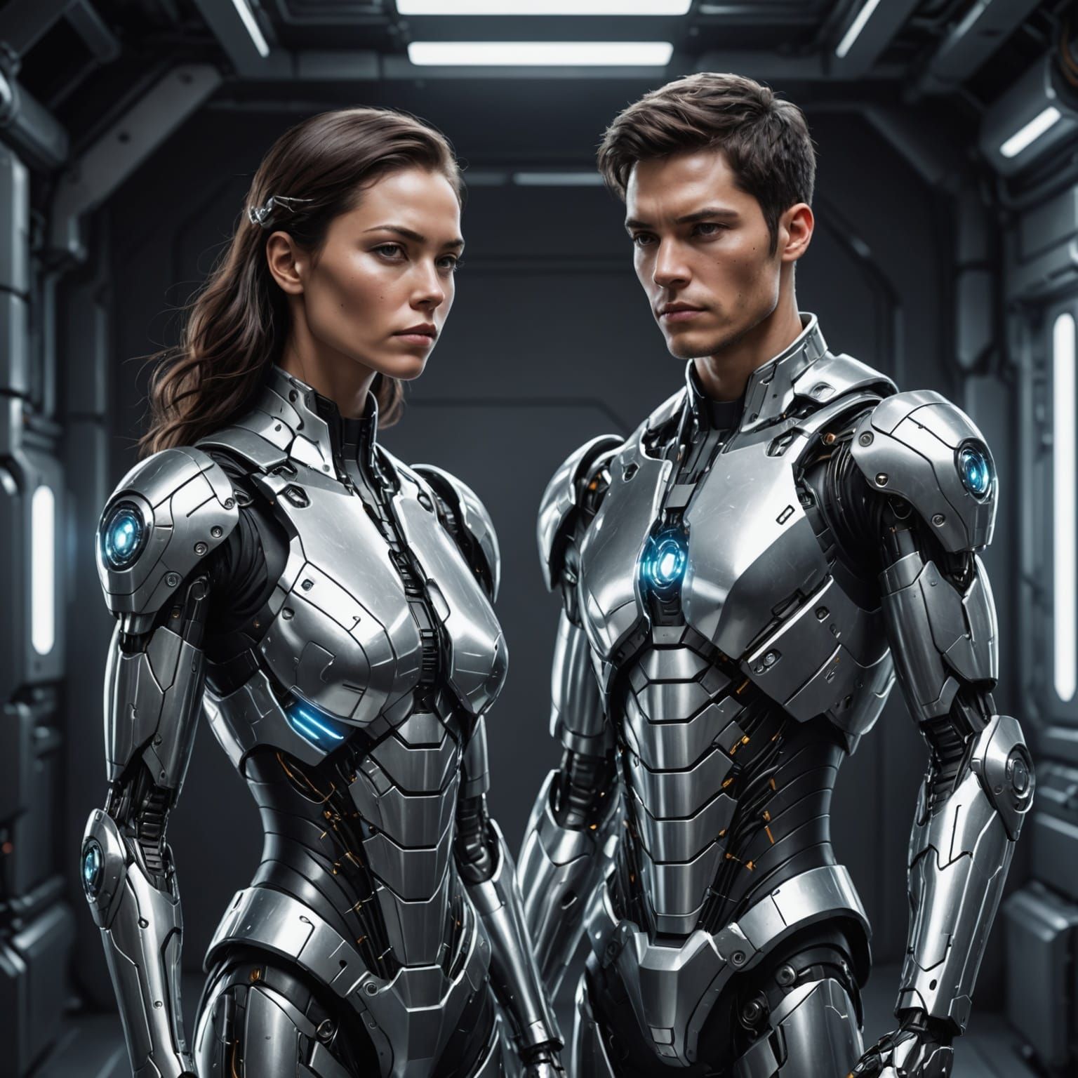 Cyborg Couple Share Rose in Sleek Environment