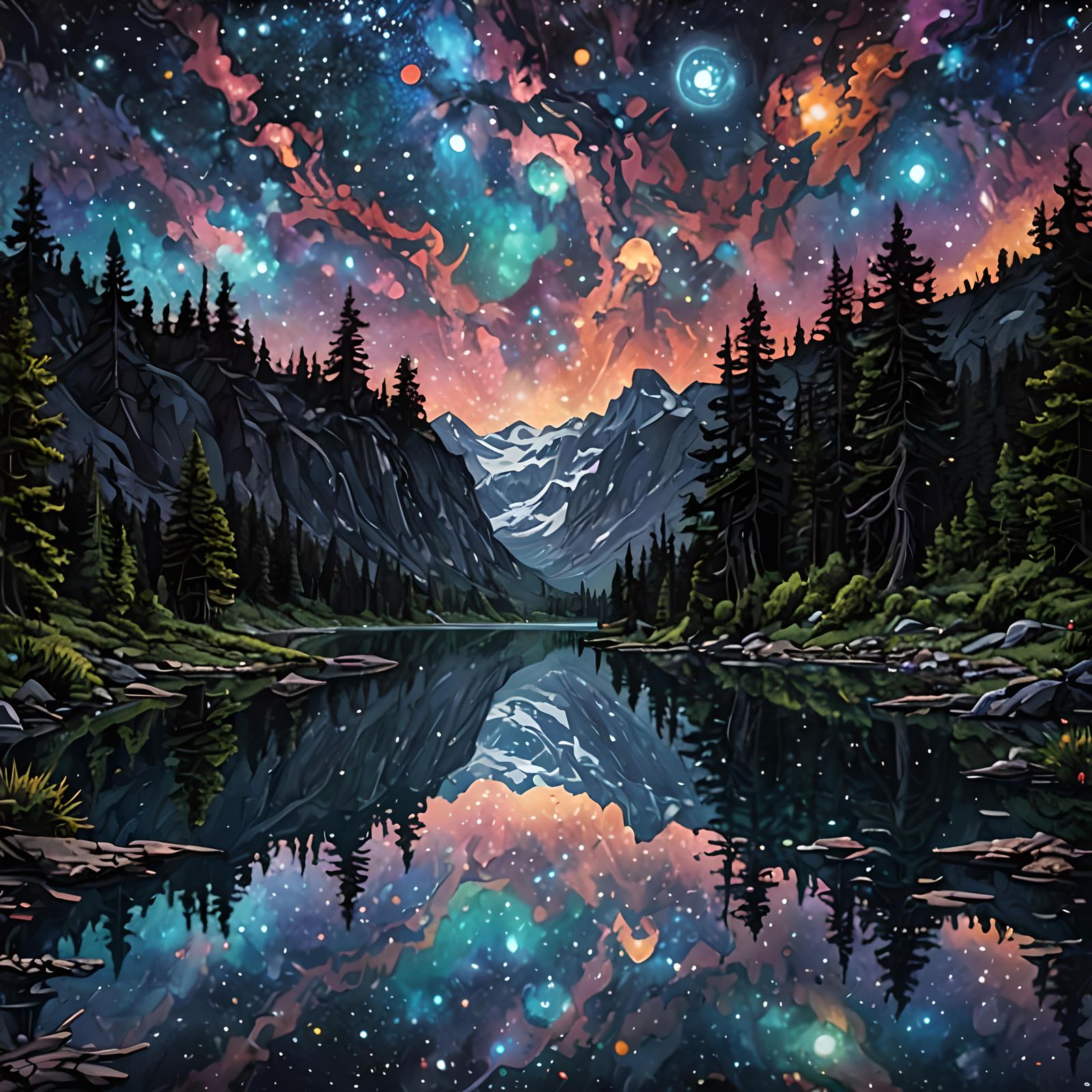 Cosmic Night Reflecting in Lake: Hypermaximalist Style