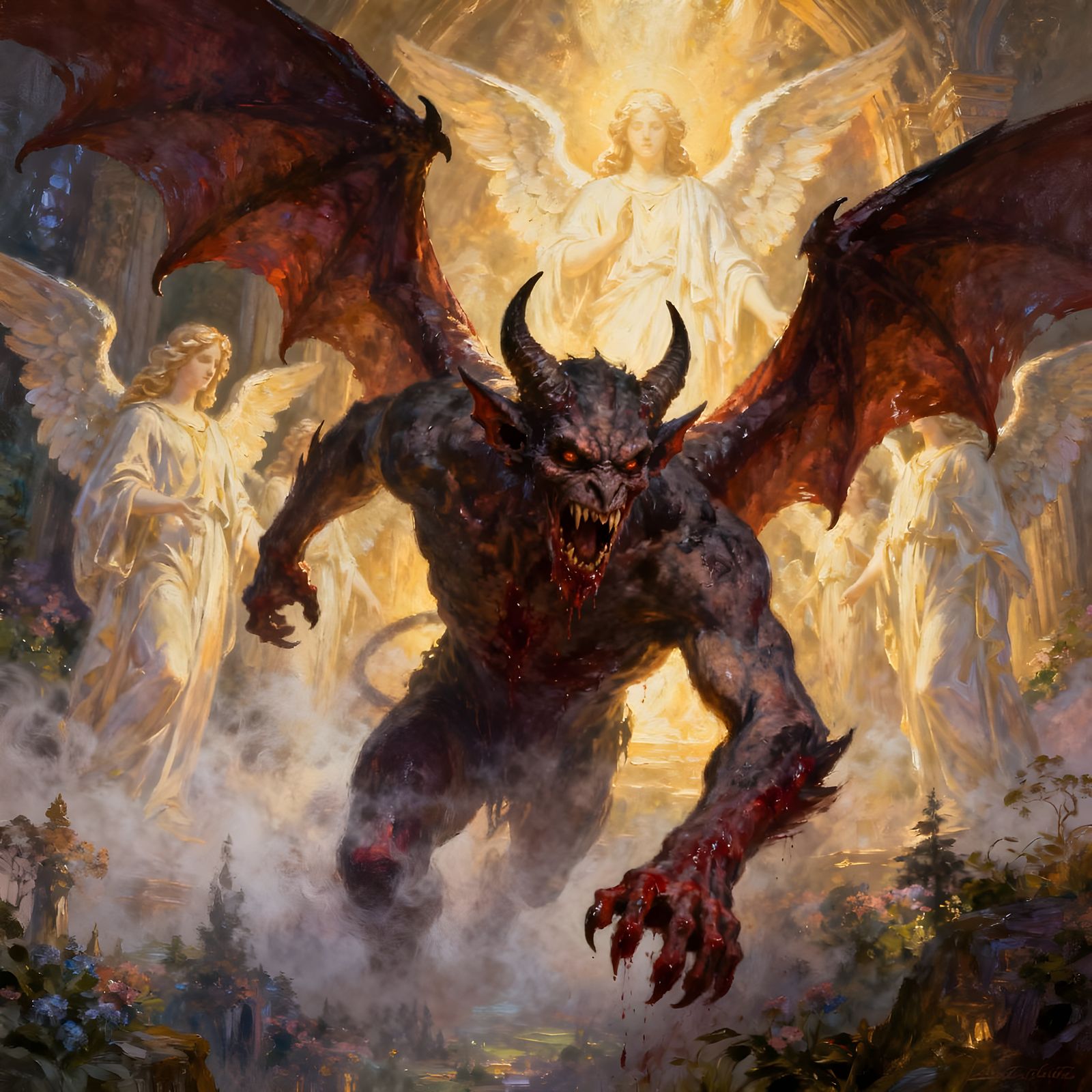 Demon Invades Angel Realm in Ethereal Fantasy Art