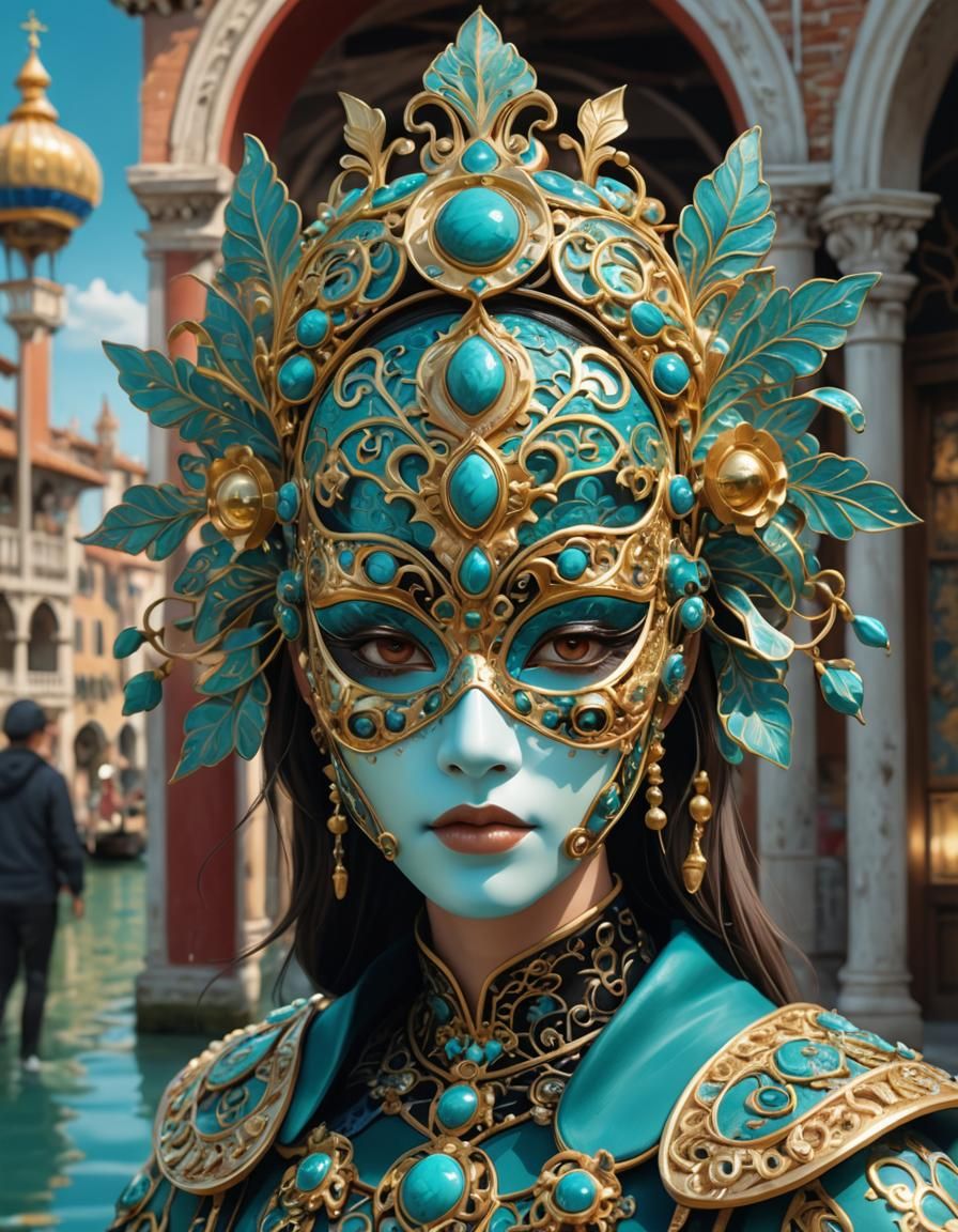 Woman with Mask in Cloisonnism Style