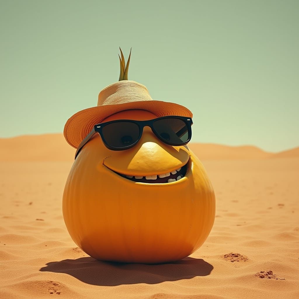 A Melon in Brainrot Style Wears a Funny Face in the Desert
