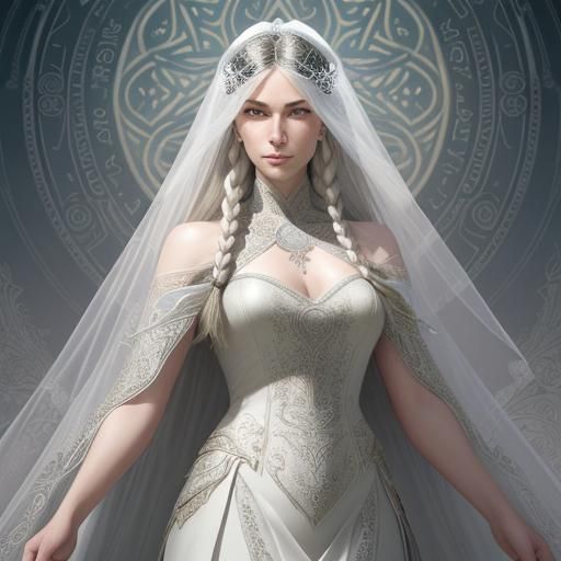 Ethereal White-Haired Bride in Art Nouveau Style