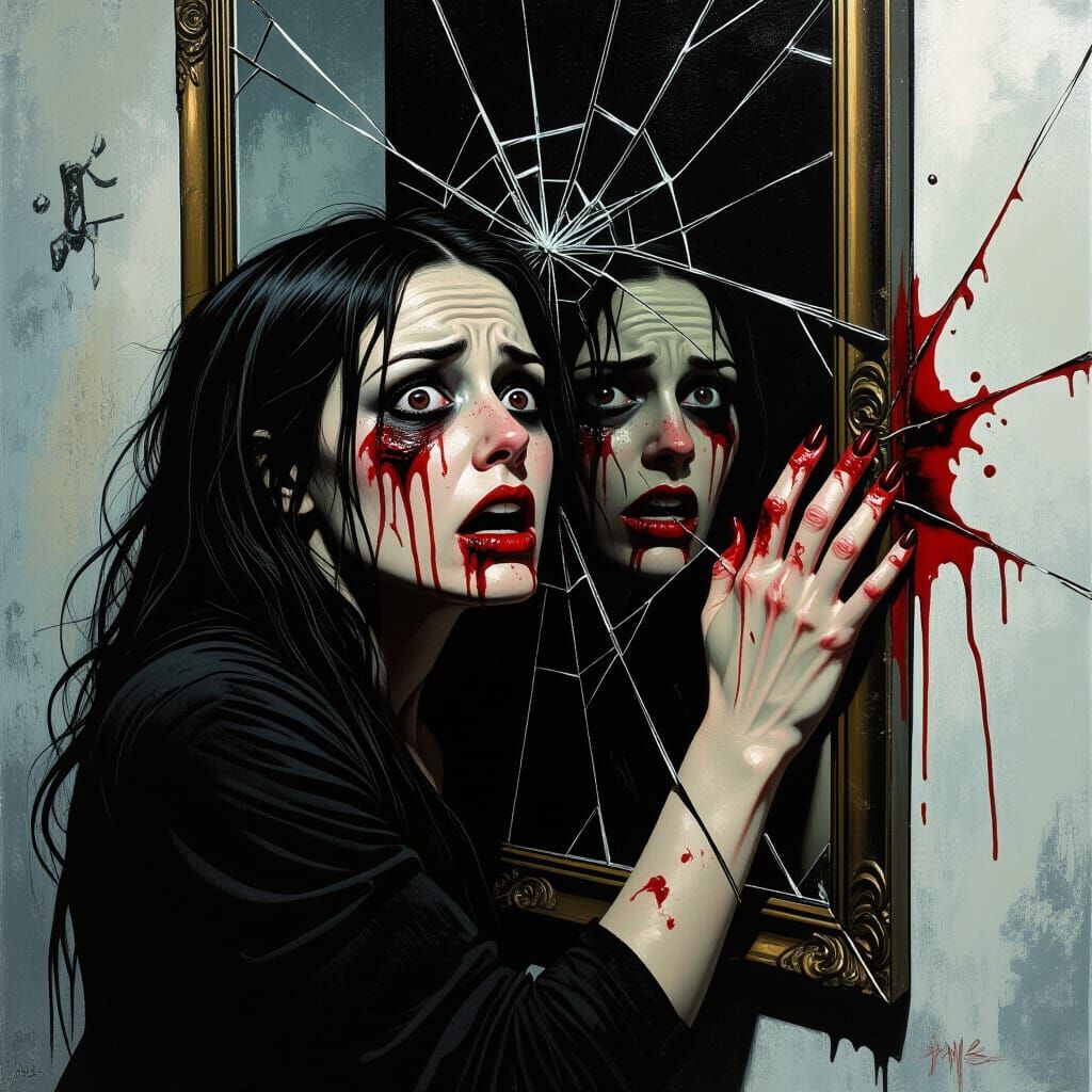 Horrified Woman's Reflection in Gothic Horror Style