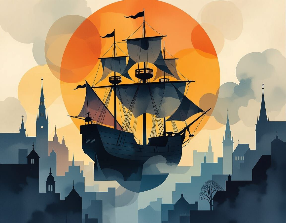 Cubist Watercolor Flying Ship Amidst Abstract Architecture