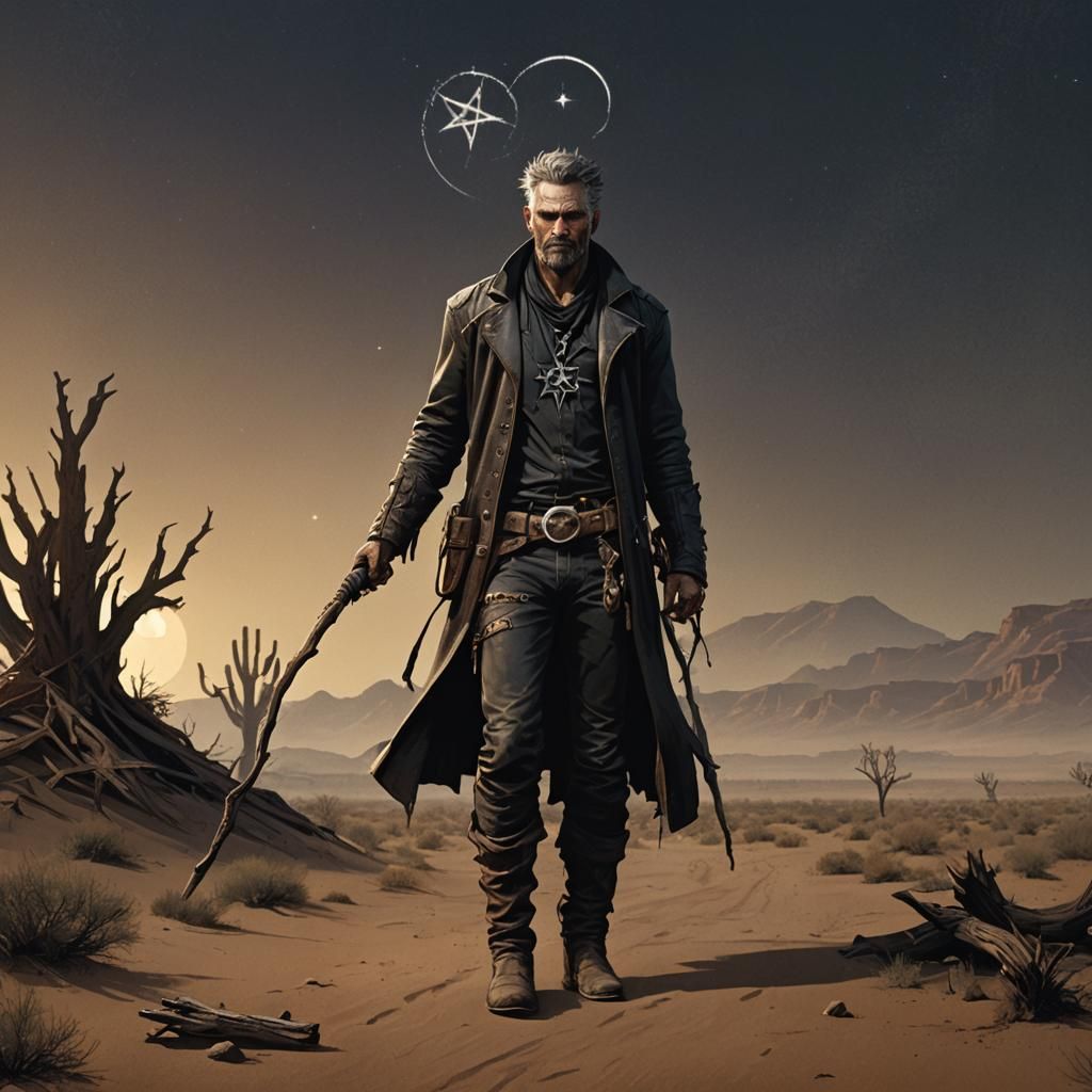 Weathered Man with Staff and Flame in Desert Landscape