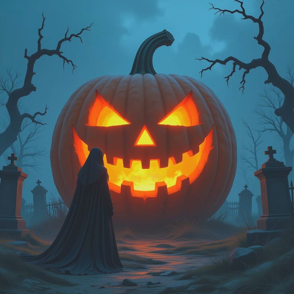 Gothic Woman Faces Giant Luminous Pumpkin in Graveyard