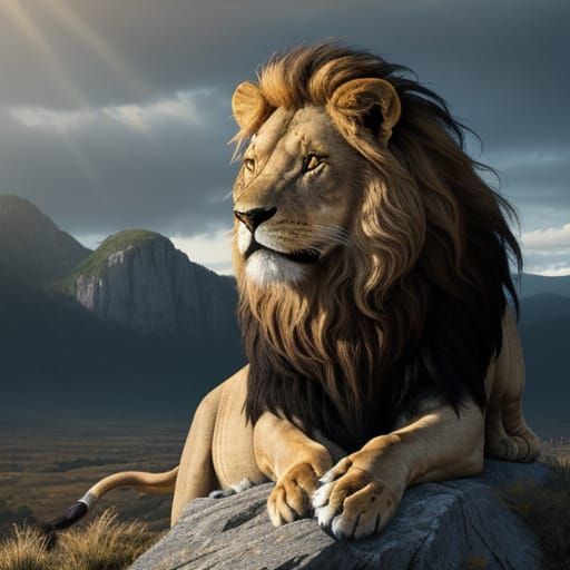 Regal Lion Dominates Golden Rocky Landscape