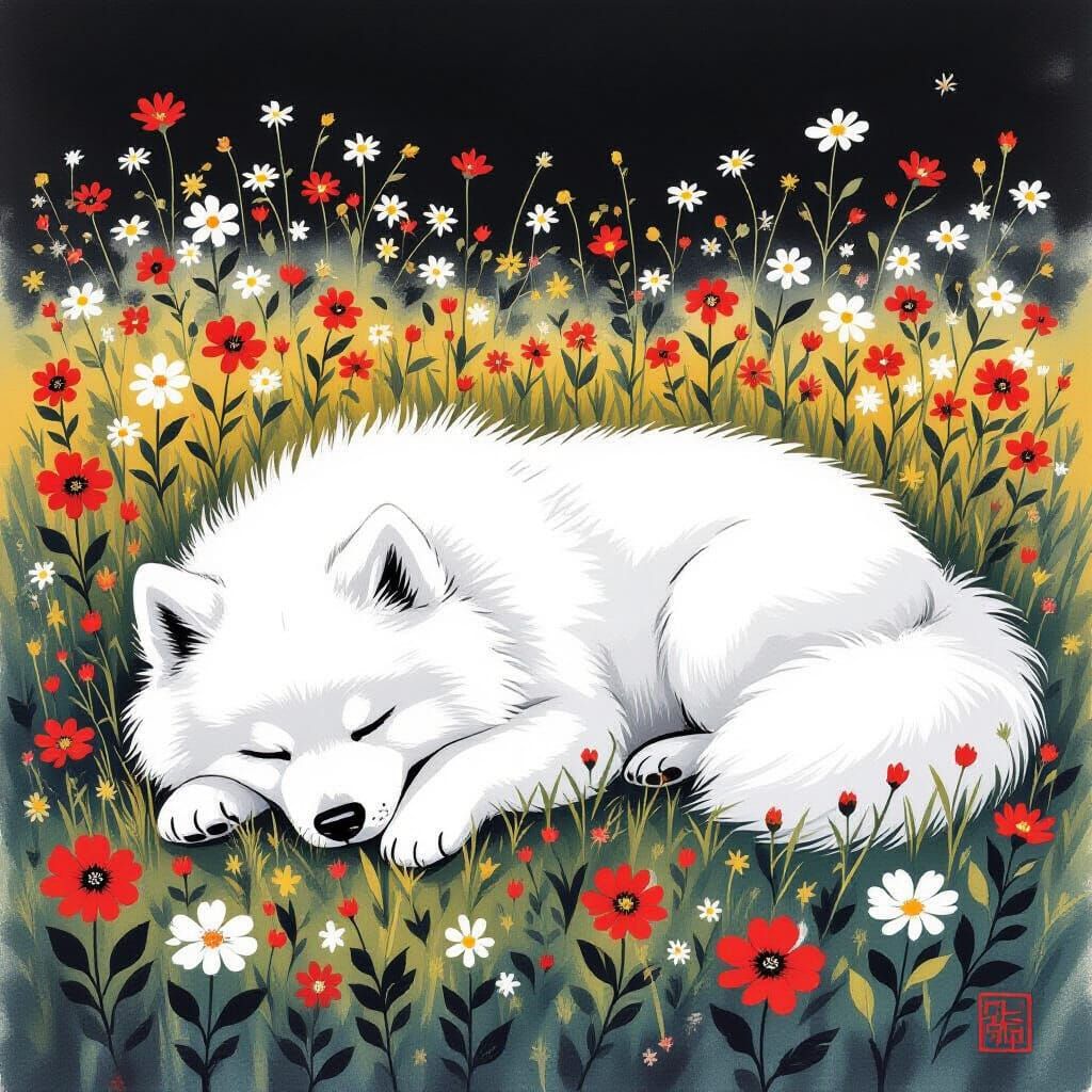 Samoyed in Wildflowers: Chinese Calligraphy Style