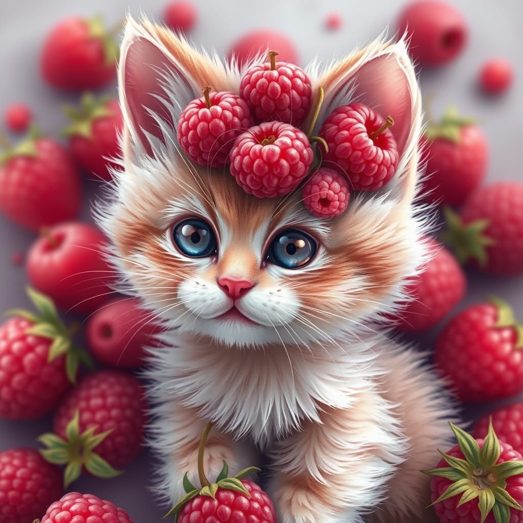 Surreal Whimsy: Kitten Born from Raspberries in Dreamlike Di...
