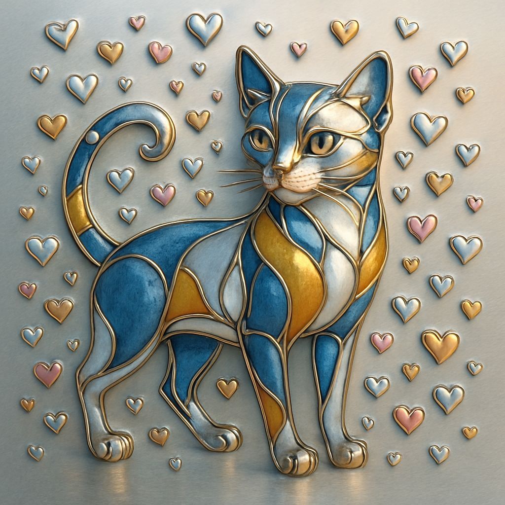 Metallic Cat Sculpture with Hearts on Pastel Background