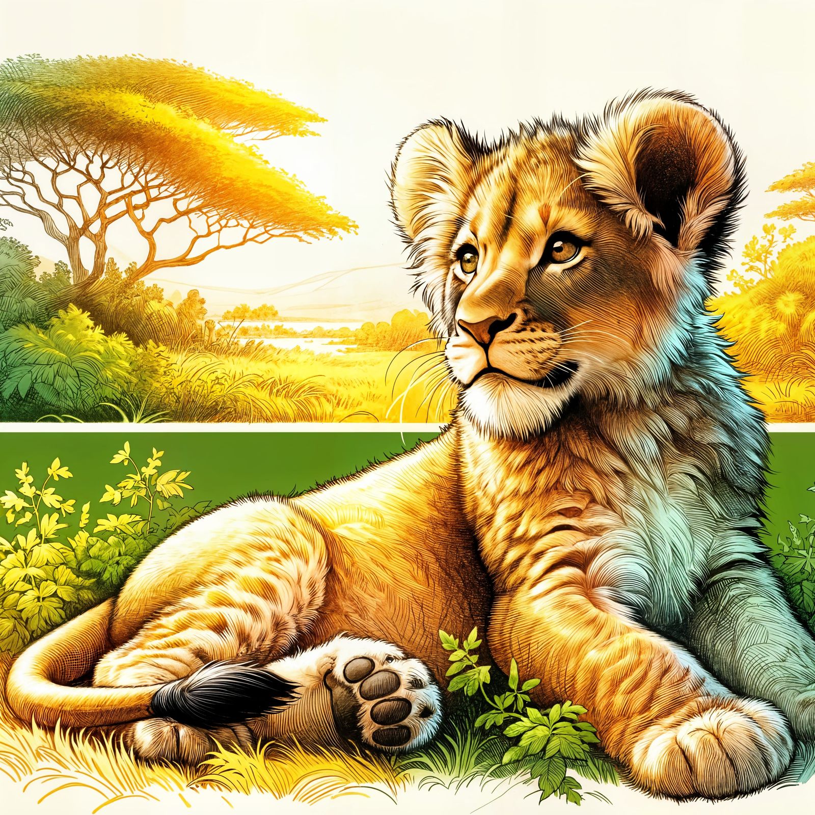 Vibrant Lioness Portrait in Whimsical Illustration Style