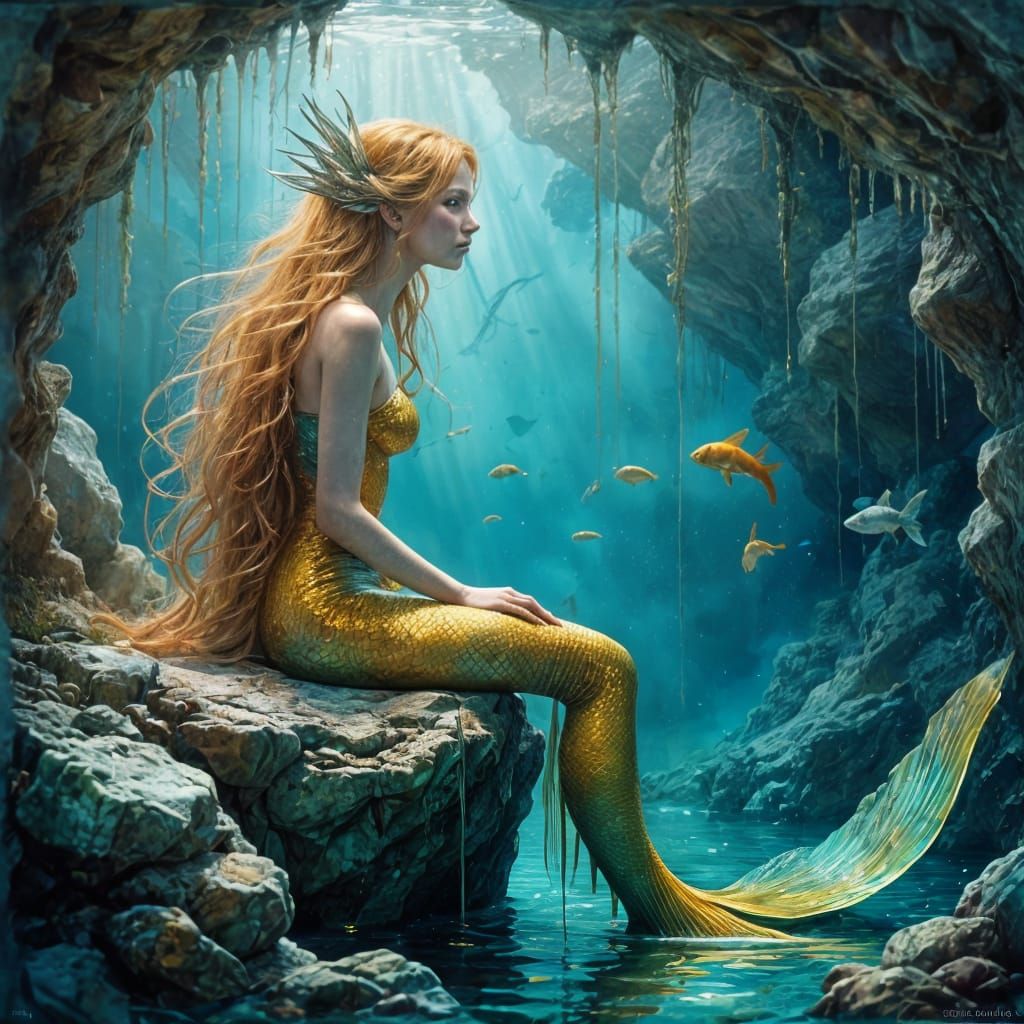 Golden Mermaid Goddess in Enchanted Underwater Grotto