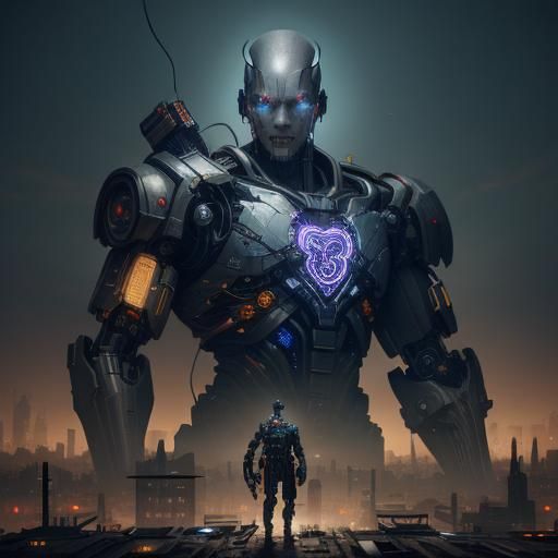 Cyborg Holding Mechanical Heart in Ruined City