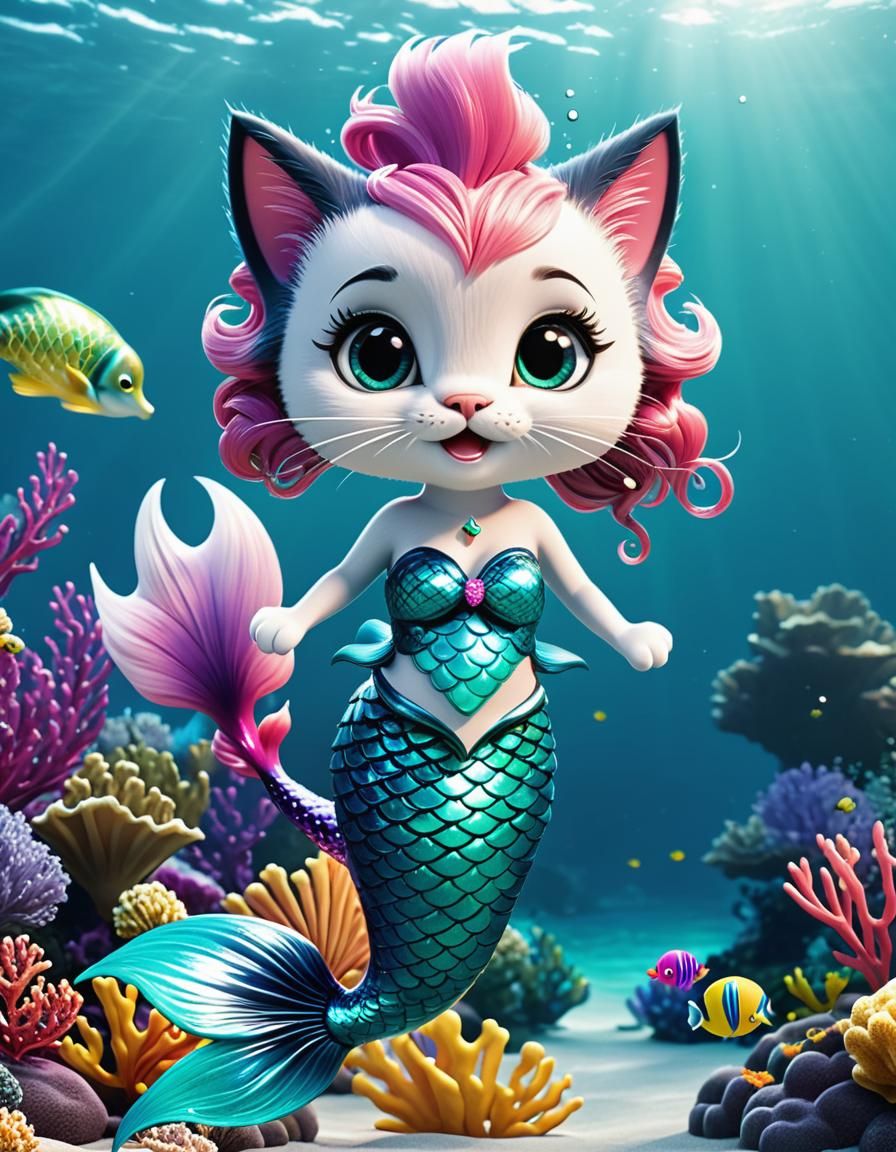 Cartoon Cat Mermaid in Ocean
