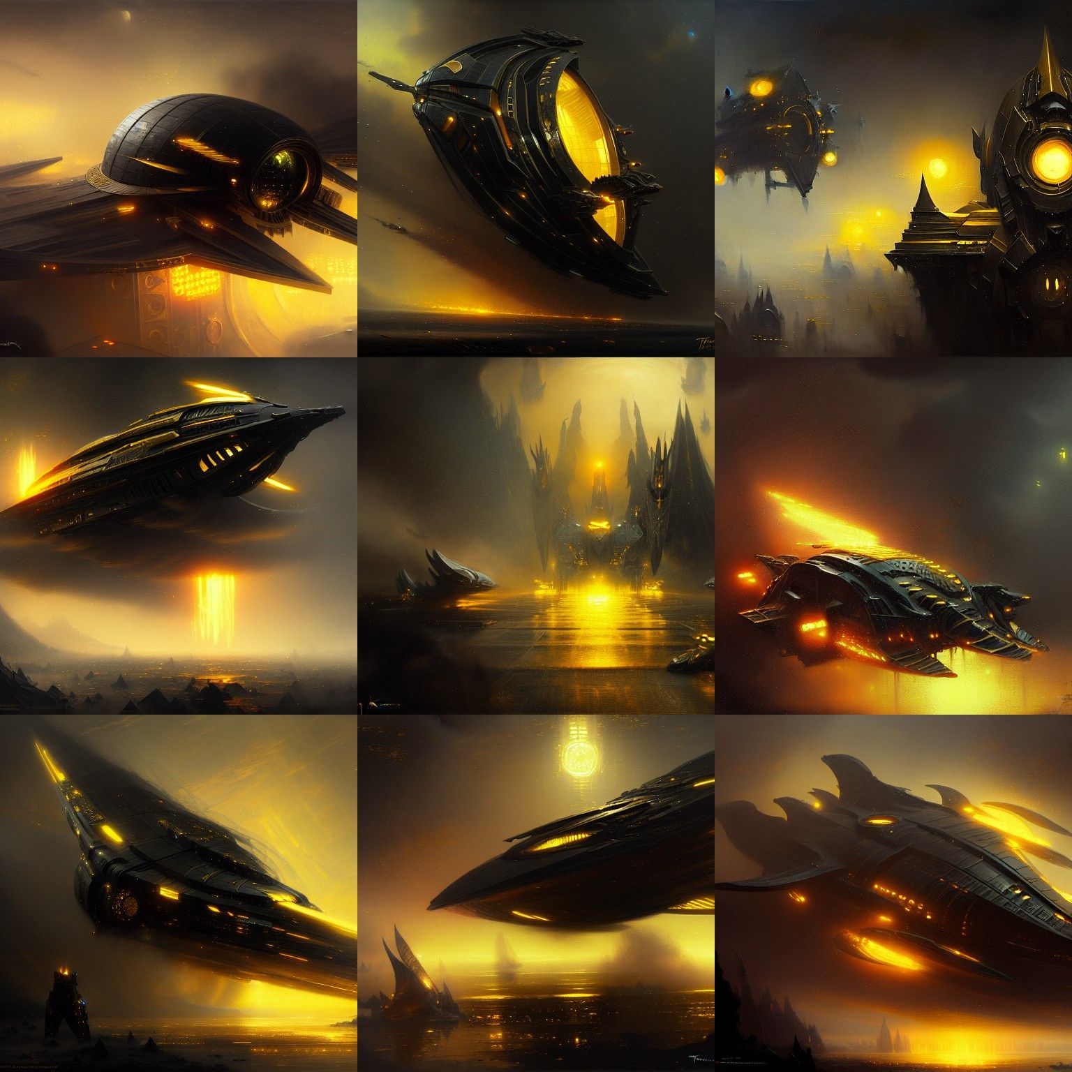 Sinister Black and Gold Spaceship in Ethereal Fantasy Style