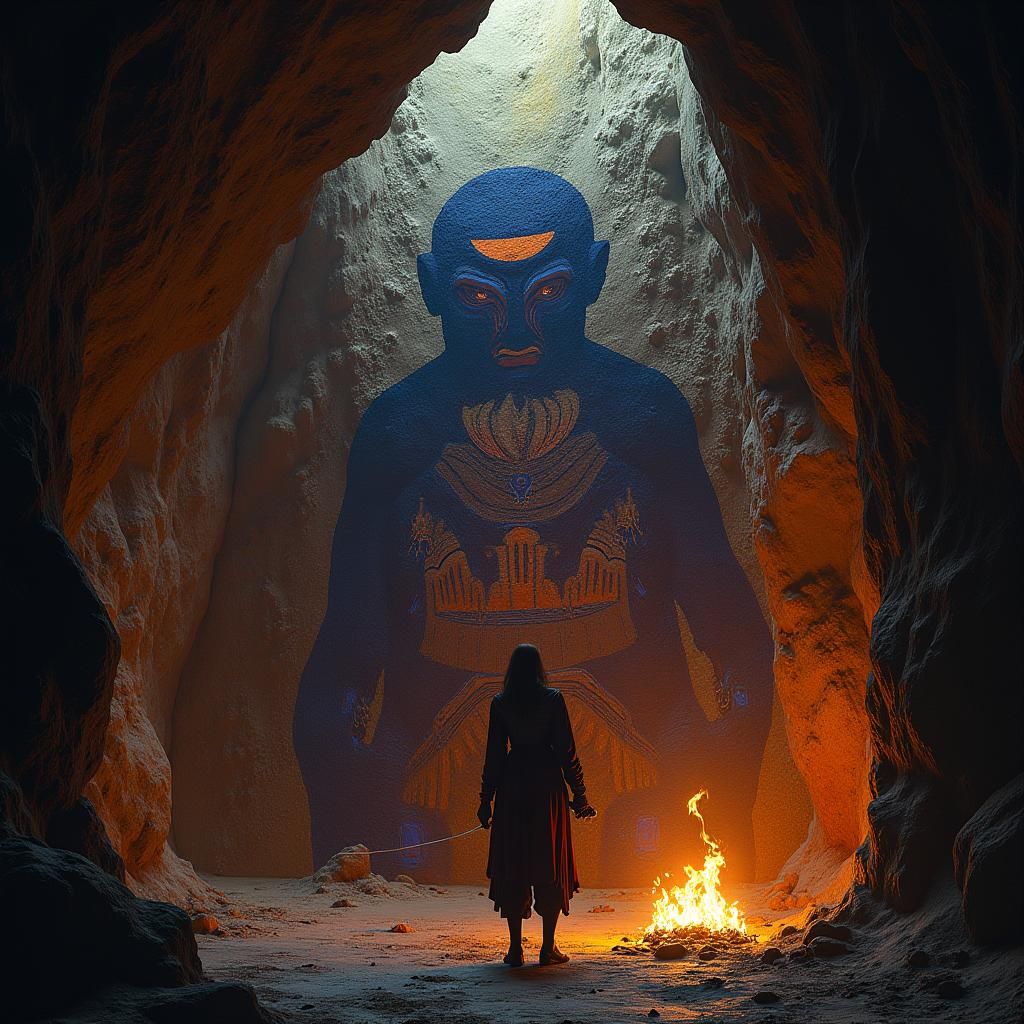 Dramatic Cave Painting of Forlorn Figure in Matte Style