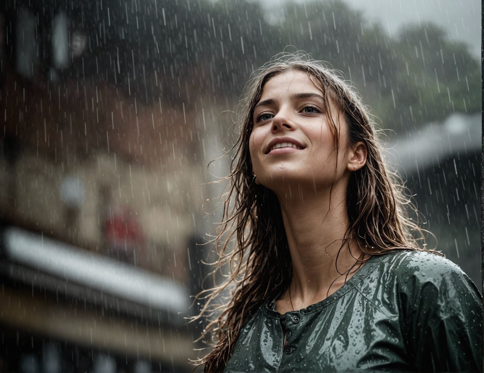 Joyful Girl Dancing in Heavy Rain, Hyperrealistic